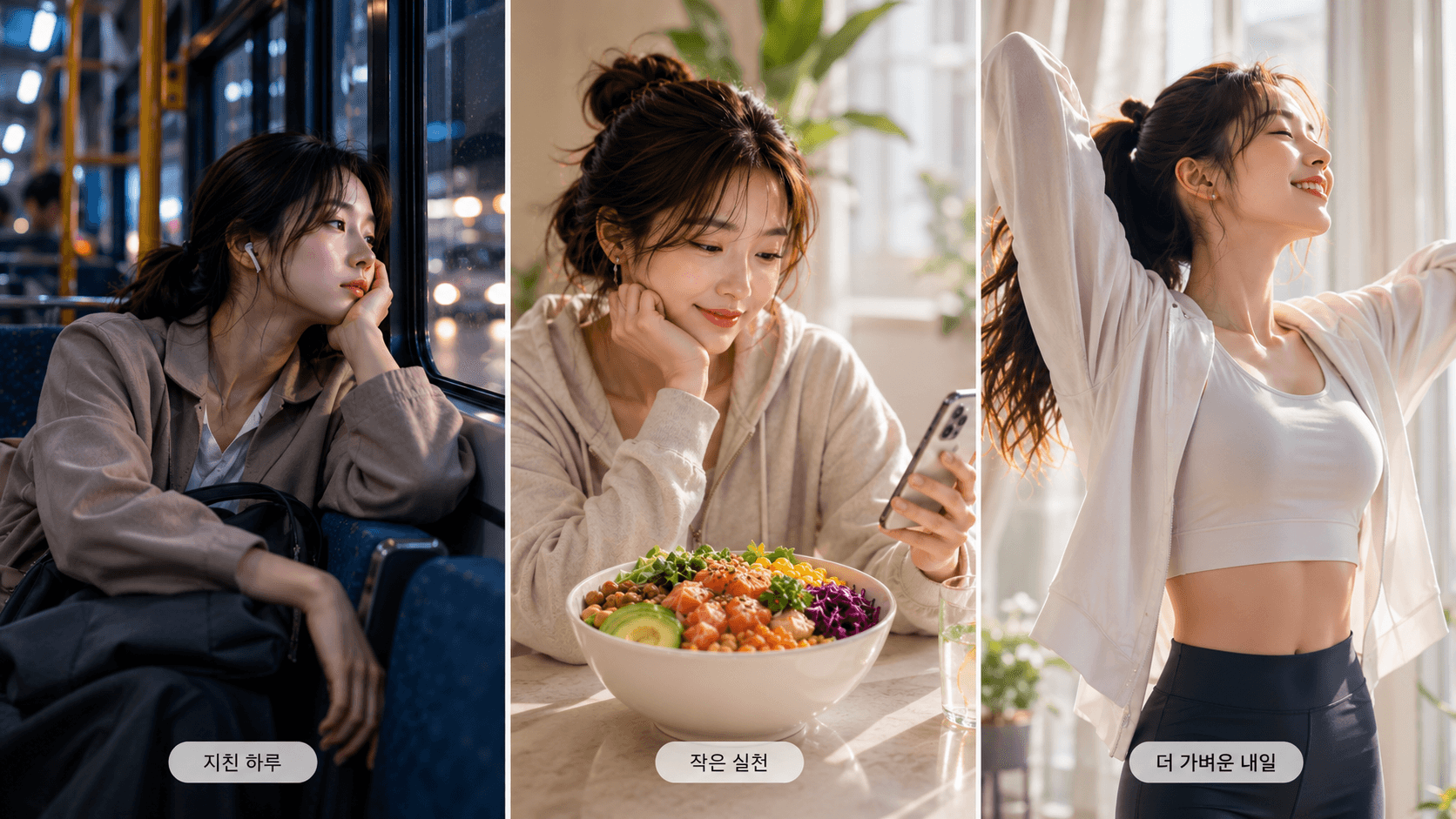 늦은 밤 버스 안의 지친 하루, 건강한 한 끼로 다시 시작하는 작은 실천, 밝은 아침의 더 가벼운 내일로 이어지는 세 장면