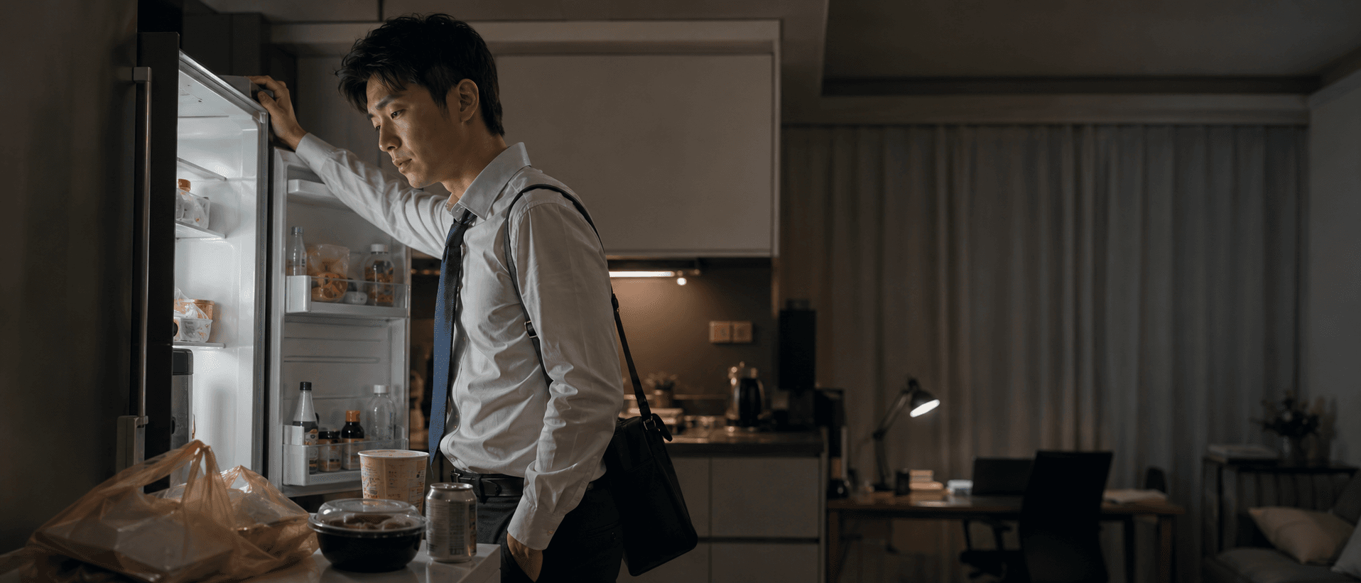 늦은 밤 냉장고 앞에서 식단의 어려움을 느끼는 직장인